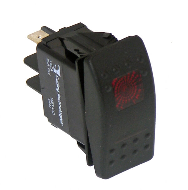 Black Paddle Type Rocker Switch, LED Pilot Light, 20 Amps, 12 Volt, On/Off/On 4 Prong